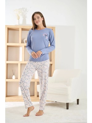 Pijamoni Kadın Berlin Kumaş Bisiklet Yaka Mavi Pijama Takımı - 8811