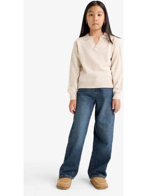 Defacto  Standart Fit Polo Yaka Triko Bej Kız Çocuk Kazak E7738A8/BG144