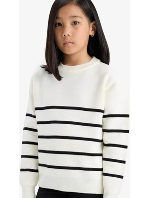 Defacto  Bisiklet Yaka Çizgili Triko Ekru Kız Çocuk Kazak Z0194A6/ER233