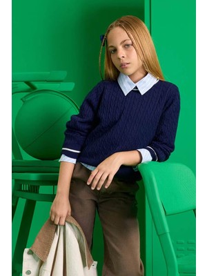 Defacto Okul Standart Fit Bisiklet Yaka Triko Lacivert Kız Çocuk Kazak E7740A8/NV251