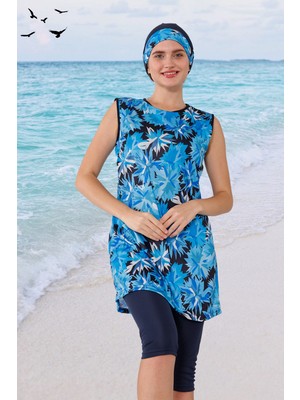 Lacivert Desenli Kolsuz Likralı Yarı Kapalı Kadın Tesettür Mayo Takım