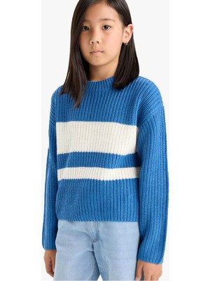 Defacto Standart Fit Bisiklet Yaka Çizgili Triko Mavi Kız Çocuk Kazak E7735A8/BE389