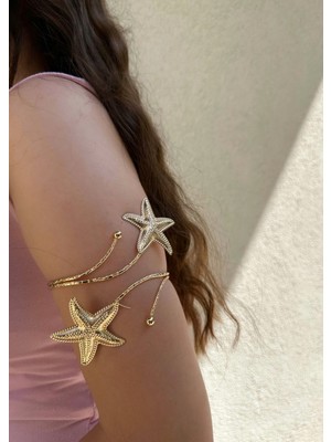 Gold Deniz Yıldızı Detaylı Paslanmaz Çelik Ayarlanabilir Kadın Pazu Bileklik Kol Kelepçesi Armcuff