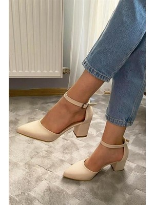 Kadın Krem Cilt 6 cm Topuklu Bilekten Bağlamalı Yanları Acık Ayakkabı