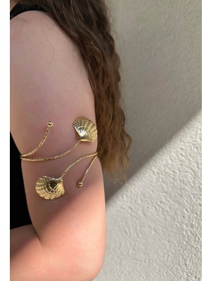 Gold Istiridye Detaylı Paslanmaz Çelik Ayarlanabilir Kadın Pazu Bileklik Kol Kelepçesi Armcuff