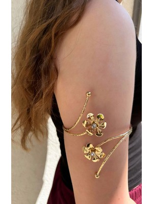 Gold Taşlı Çiçek Detaylı Paslanmaz Çelik Ayarlanabilir Kadın Pazu Bileklik Kol Kelepçesi Armcuff