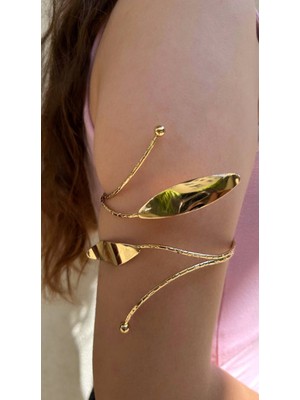 Gold Yaprak Detaylı Paslanmaz Çelik Ayarlanabilir Kadın Pazu Bileklik Kol Kelepçesi Armcuff