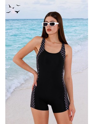 Puantiyeli Desenli Asklı Şortlu Siyah Kadın Deniz Yüzücü Tulum Mayo