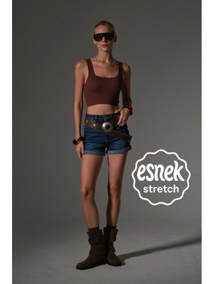 Esnek Pamuklu Kumaş Paça Katlamalı 5 Cep Mini Kadın Jean Şort @katmer

