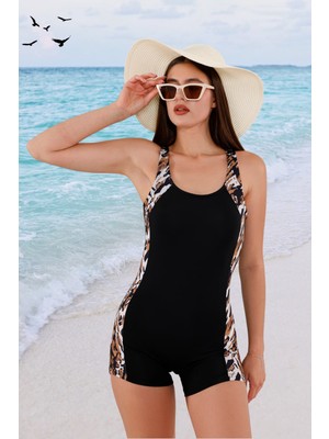 Leopar Desenli Asklı Şortlu Siyah Kadın Deniz Yüzücü Tulum Mayo