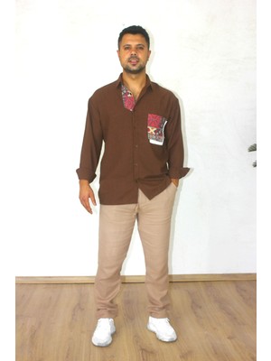 Pera Keten Uzun Kol Etnik Ön Pat ve Cep Detaylı Rahat Gömlek