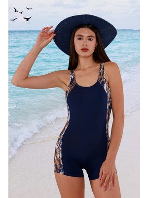 Leopar Desenli Asklı Şortlu Lacivert Kadın Deniz Yüzücü Tulum Mayo