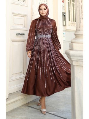 Taşlı Saten Abiye Elbise 5802-07 Taba