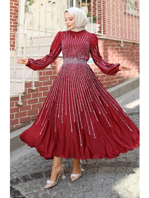 Taşlı Saten Abiye Elbise 5802-03 Bordo