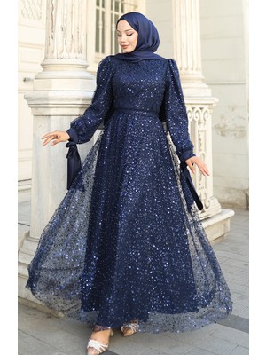 Boncuklu Abiye Elbise 5801-05 Lacivert