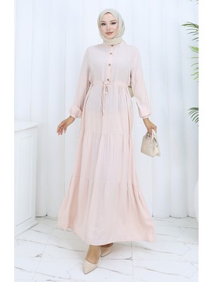Viskon Kumaş Yarım Düğmeli Elbise 0085-12 Pudra