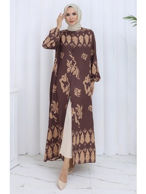 Desenli Düğmeli Elbise 2125-03 Kahverengi Bej