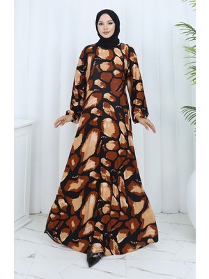 Desenli Penye Elbise 2136-01 Kahverengi Siyah