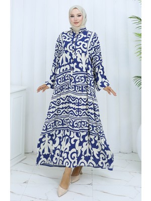 Alaçatı Desen Yarım Düğmeli Elbise 2137-04 Lacivert Krem