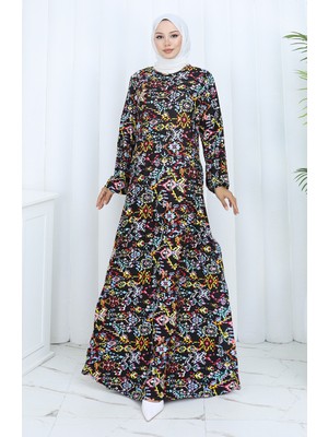 Desenli Penye Elbise 2135-01 Siyah Sarı
