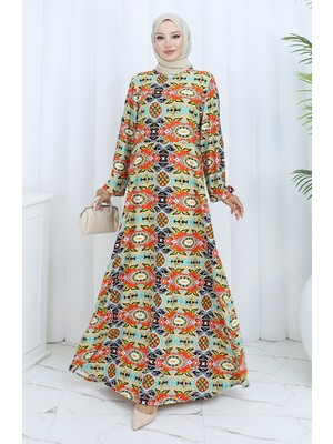 Desenli Penye Elbise 2135E-01 Kiremit Yeşil