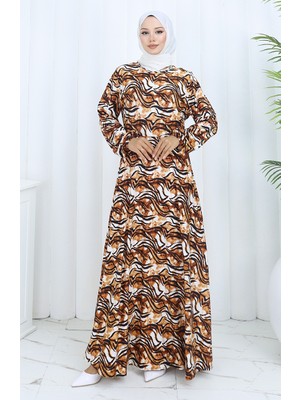 Desenli Penye Elbise 2136A-01 Kahverengi Siyah