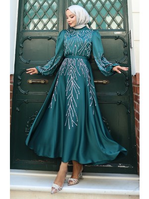 Saten Taşlı Abiye Elbise 5803-04 Zümrüt Yeşili