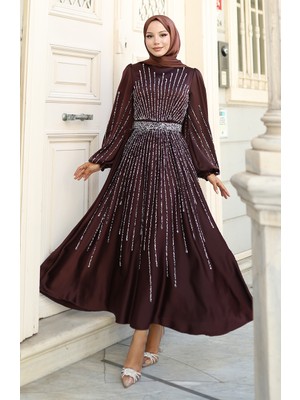 Taşlı Saten Abiye Elbise 5802-06 Kahverengi