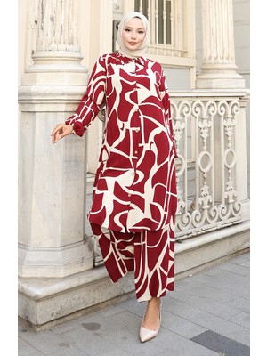 Viskon Kumaş Tunik Pantolon Ikili Takım 0143-04 Bordo