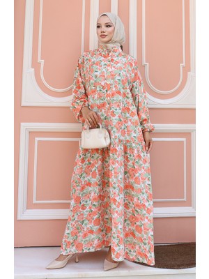 Yarım Düğmeli Desenli Elbise 2148-04 Oranj