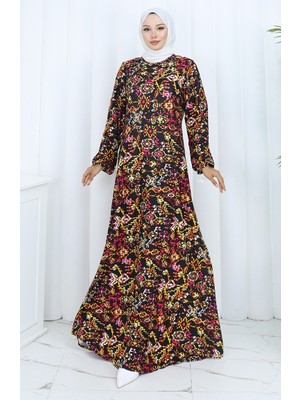 Desenli Penye Elbise 2135-02 Siyah Kırmızı