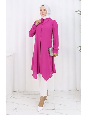 Baskı Düğmeli Tunik 1102-04 Fuşya