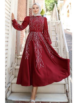 Saten Taşlı Abiye Elbise 5803-02 Bordo