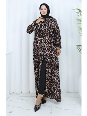 Boydan Düğmeli Leopar Desenli Elbise 0137-01 Kahverengi Siyah
