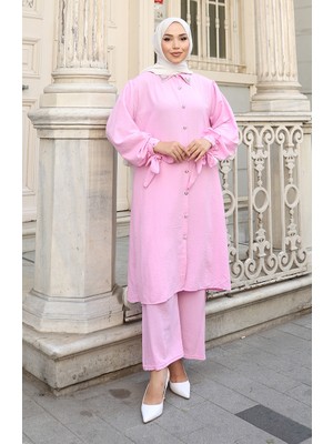 Aerobin Kumaş Düğmeli Tunik Pantolon Ikili Takım 2147-03 Pembe