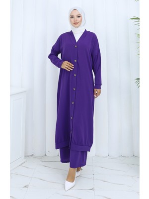 Boydan Düğmeli Hırka Pantolon Ikili Takım 0138-07 Mor
