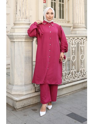 Aerobin Kumaş Düğmeli Tunik Pantolon Ikili Takım 2147-02 Fuşya