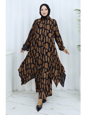 Sefa Merve Viskon Kumaş Tunik Pantolon Ikili Takım 2138-02 Siyah Taba