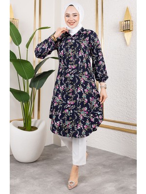 Sefa Merve Asel Kadın Çiçekli Viskon Tunik 0174-03 Lacivert Renkli Desen ile Modern Stil