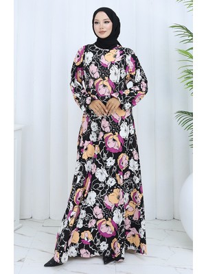 Desenli Penye Elbise 2135B-02 Siyah Pudra