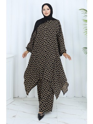 Viskon Kumaş Tunik Pantolon Ikili Takım 2144-03 Siyah Sütlü Kahve