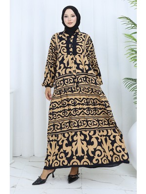 Alaçatı Desen Yarım Düğmeli Elbise 2137-02 Sütlü Kahve Siyah