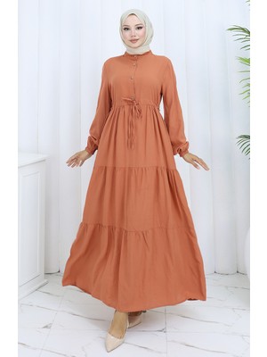 Viskon Kumaş Yarım Düğmeli Elbise 0085-18 Soğan Kabuğu