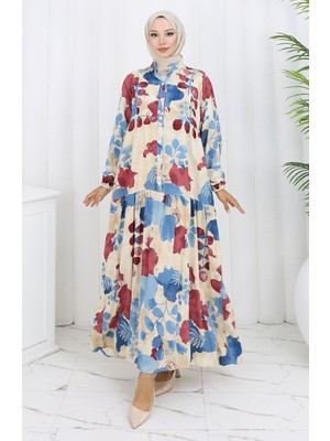 Viskon Kumaş Yarım Düğmeli Elbise 2129-04 Bordo Indigo