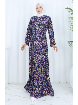 Desenli Penye Elbise 2135-03 Lacivert Pembe