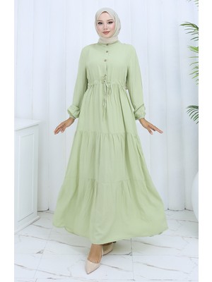 Viskon Kumaş Yarım Düğmeli Elbise 0085-14 Çağla Yeşil
