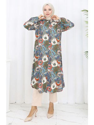Kolu Lastikli Düğmeli Tunik 0134-03 Haki Nar Çiçeği