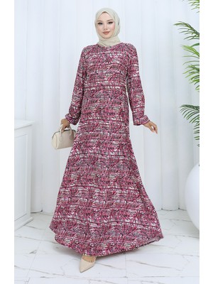 Desenli Penye Elbise 2135D-02 Gül Kurusu