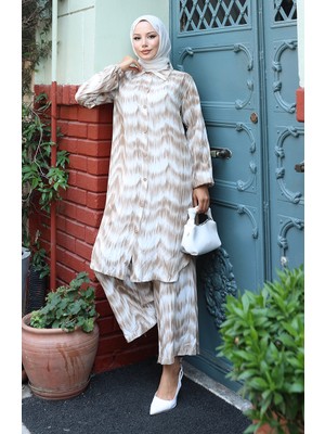 Sefa Merve Viskon Kumaş Tunik Pantolon Ikili Takım 0142-02 Vizon