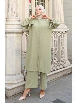 Aerobin Kumaş Düğmeli Tunik Pantolon Ikili Takım 2147-06 Haki